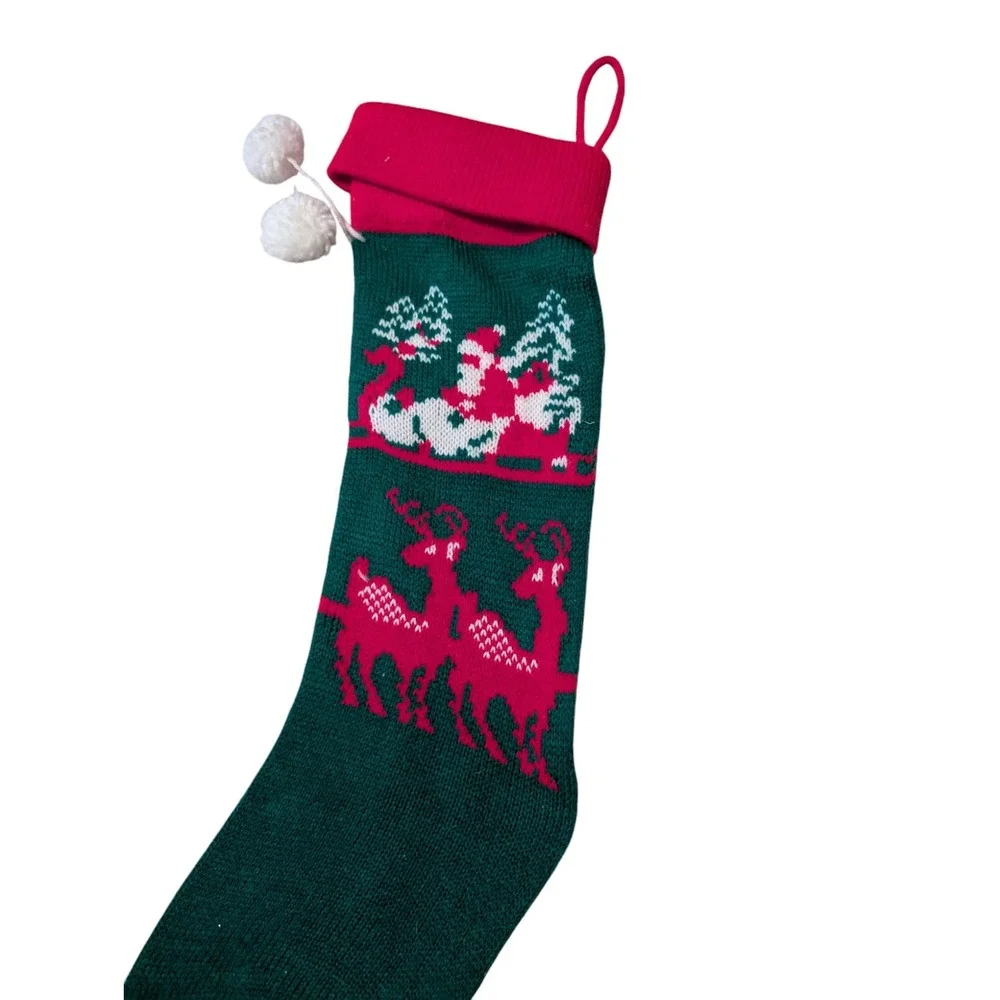 Vintage KNIT CHRISTMAS STOCKING RED GREEN REINDEER SANTA BOY GIRL MEN 19